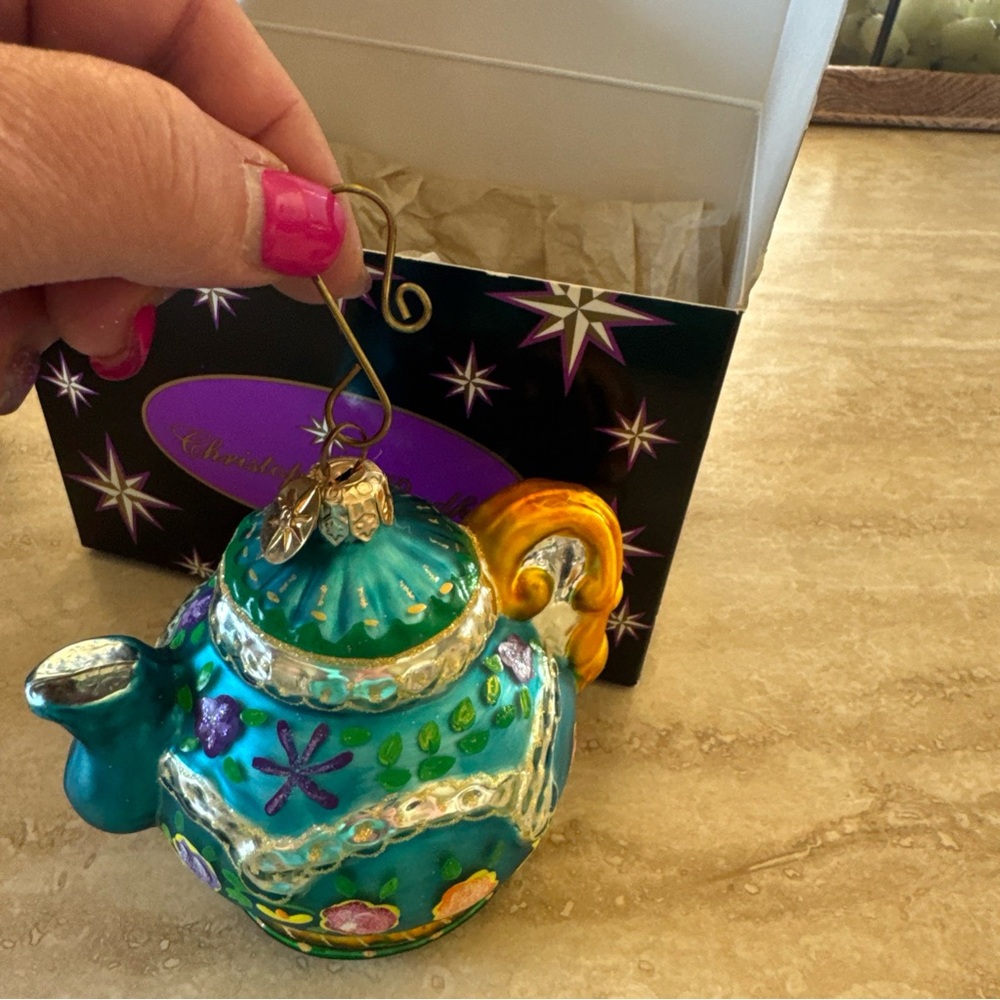 Christopher Radko Teal and Gold Hand-Painted Teapot Ornament